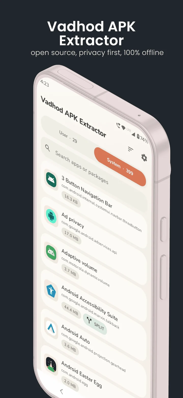 The installed app list, split into System and User tabs